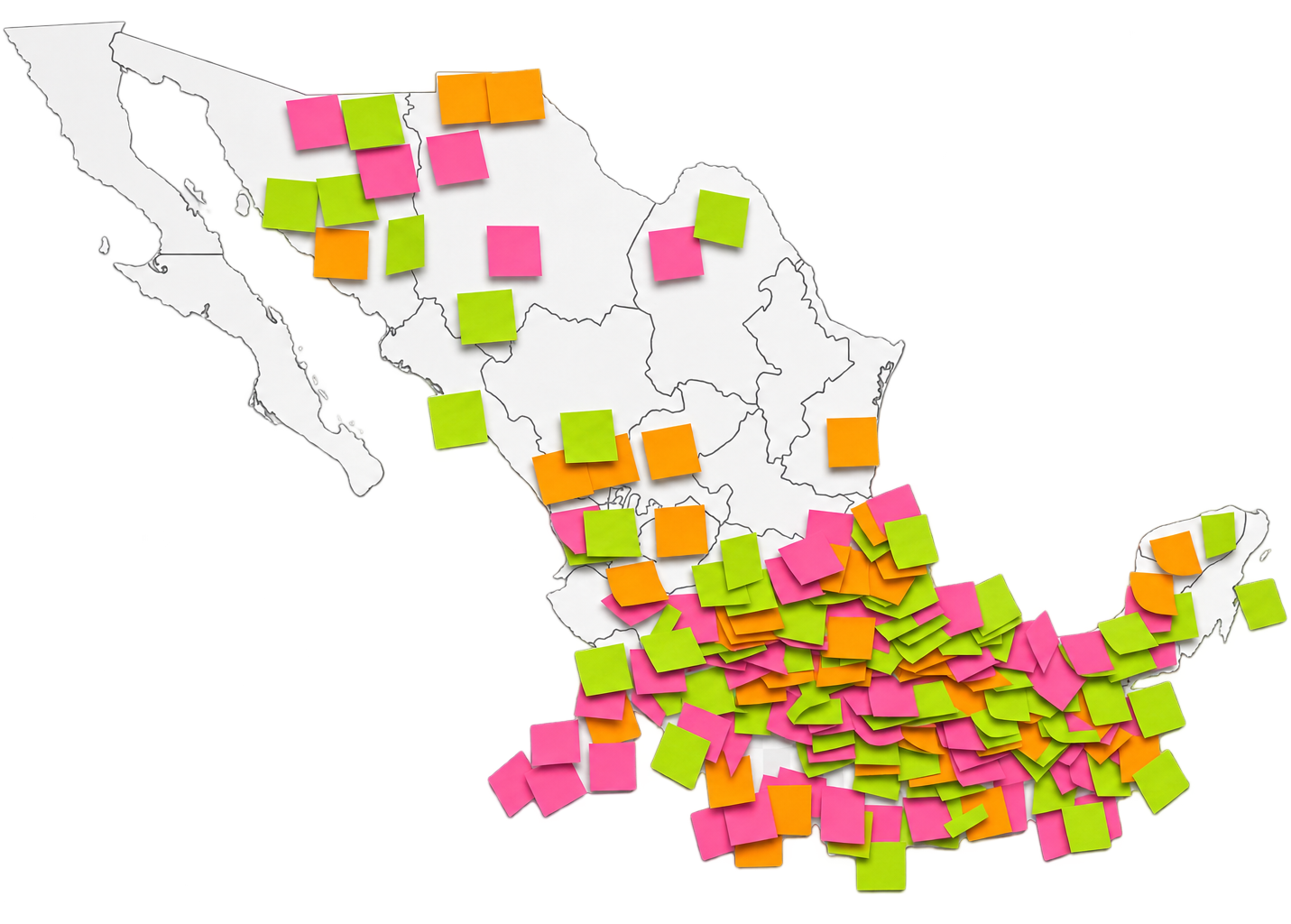 Mapa ilustrativo de México con notas adhesivas de colores